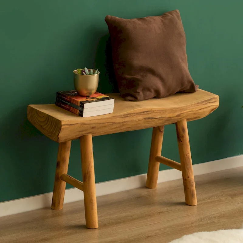 Rustic Carved Wood Natural Edge Entryway Log Accent Bench