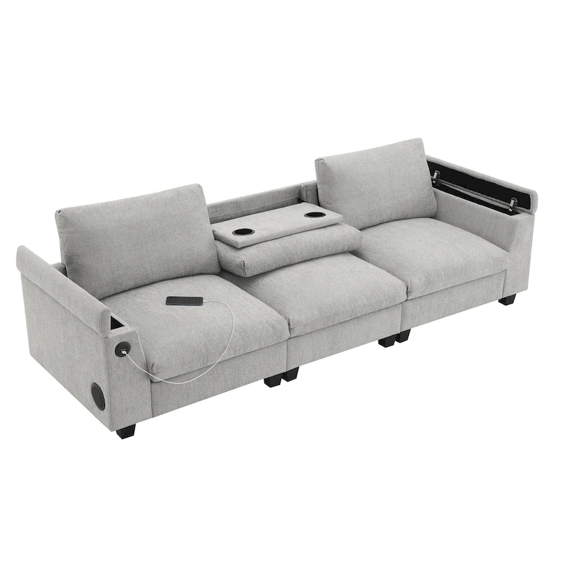 96 Chenille Smart Sectional Sofa with Bluetooth Speaker, Drop-Down Table & USB Charger and 3-Seater Cloud Couch