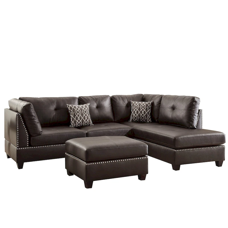 Plushed Bonded Leather 3 Pieces Sectional Set In Brown