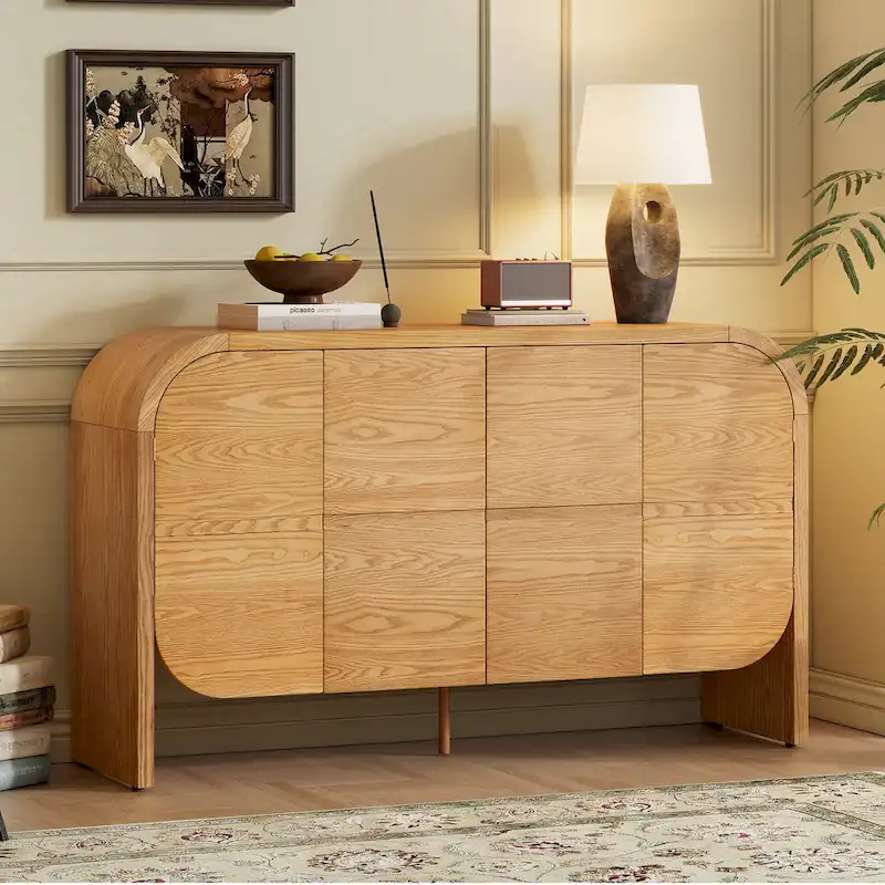 4 Doors Wood Sideboard Credenza Cabinet with Curvy Edge & Adjustable Shelves