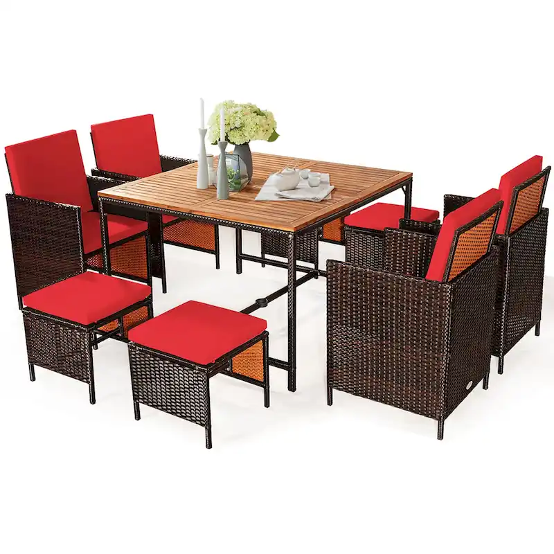 Costway 9PCS Patio Rattan Dining Set Cushioned Chairs Ottoman Wood - See Details