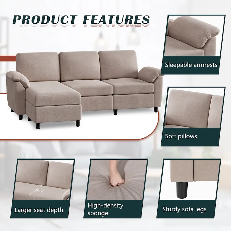 Futzca Sectional Sofa Couch, 3 Seat L Shaped Sofa with Removable Pillows