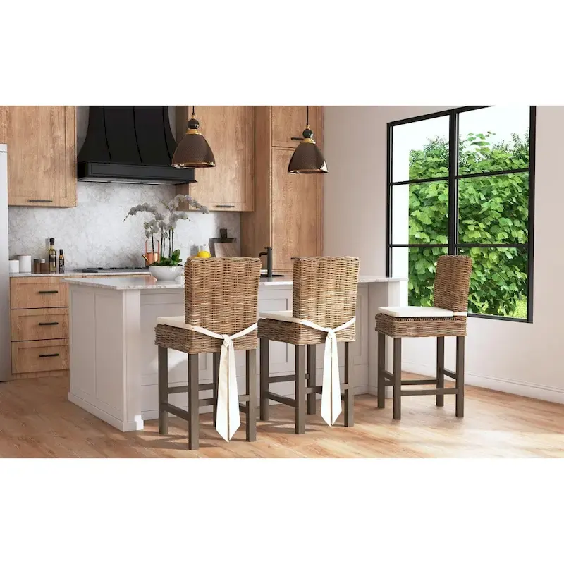 Grey Wash Rattan Cushioned Stool by East at Main