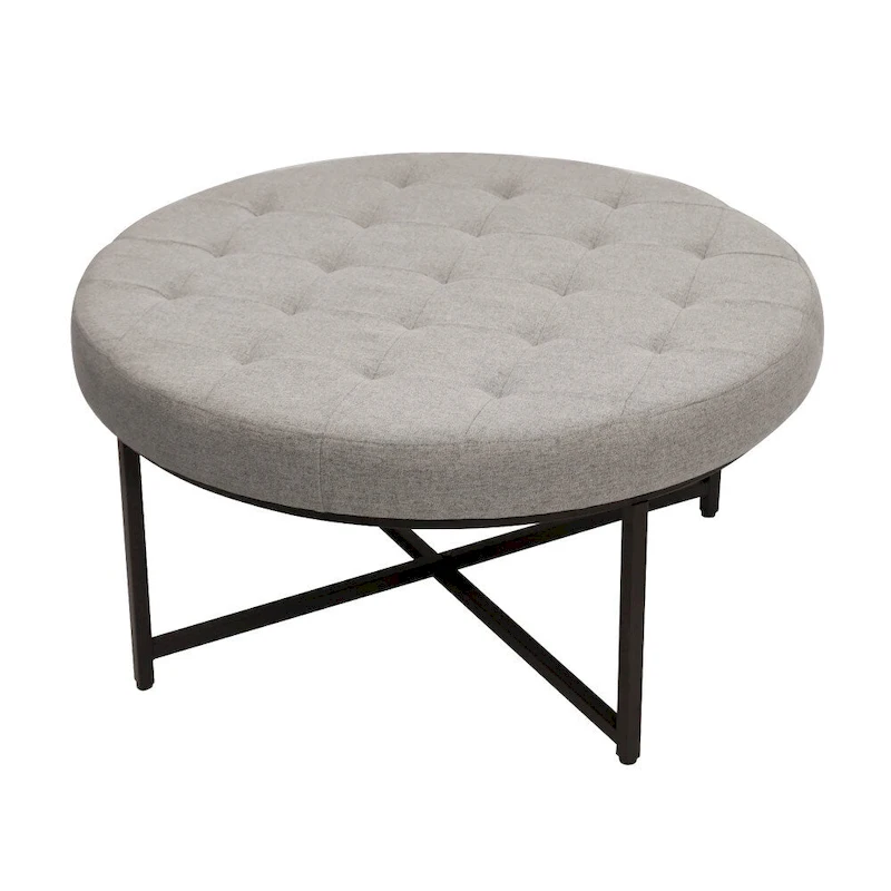 Tufted Round Cotton Linen Ottoman with Iron Frame