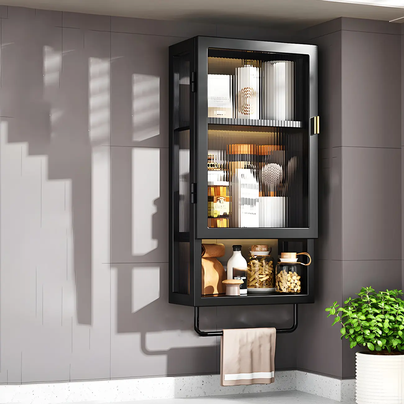 Kitchen Black Modern Metal Floating China Cabinet