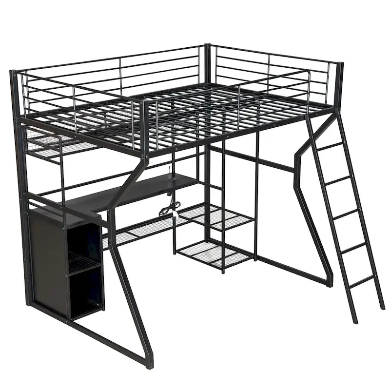 Full Size Metal Gaming Loft Bed with Built-in Work Station, Open Wardrobe, LED and Multiple Storage, Black