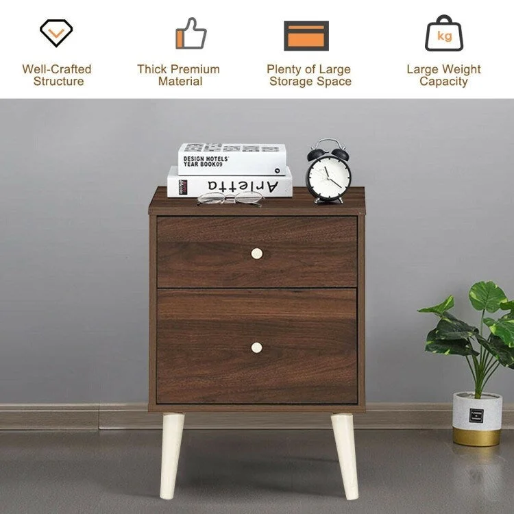 2-Drawer Nightstand Beside End Side Table with Rubber Legs-Walnut - 18 x 16 x 24.5 (L x W x H)