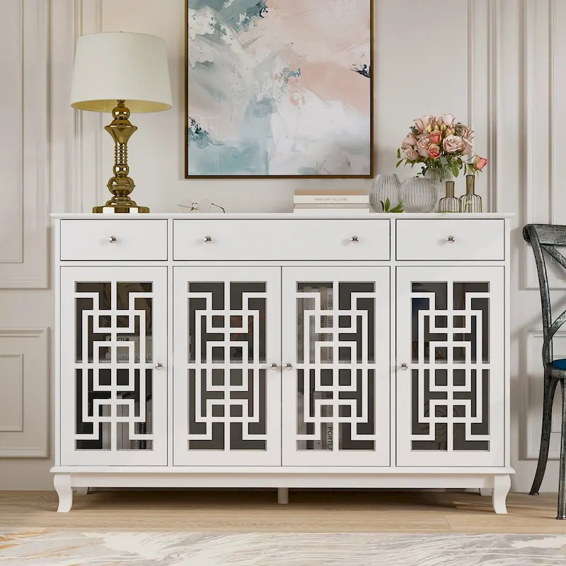 Wood Sideboard Buffet Cabinet with Glass Doors - White