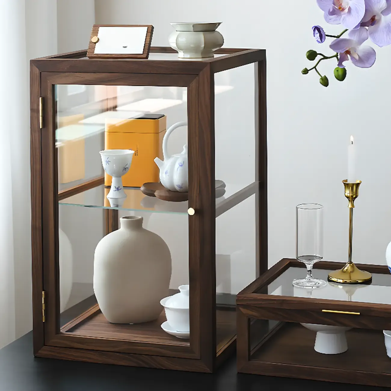Tabletop Wooden Open Door Glass Small Display Cabinet