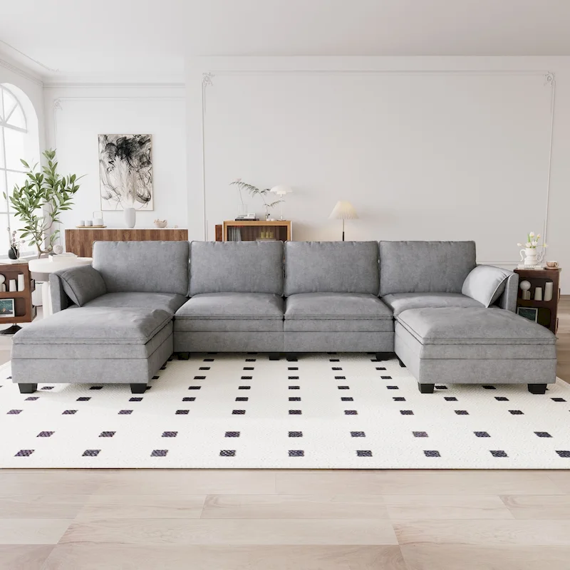 Christopher Knight Home - Noah 141.5 U-Shaped 6-Seater Sofa Couch with Movable Ottoman and Armrest Pockets, Fabric Upholstery