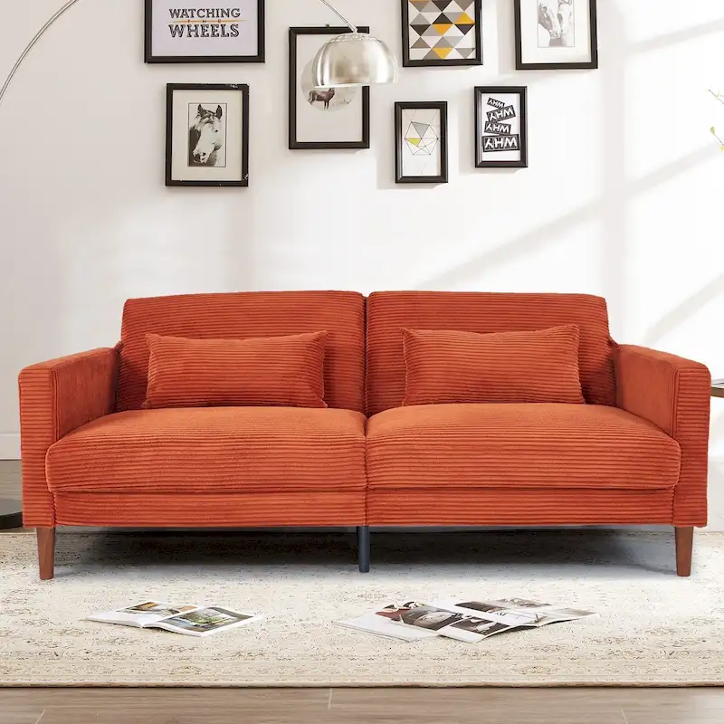 Retro 74 in. Comfy Corduroy Rectangle 2-Seater Loveseat with Solid Wood & 2 Pillows, 4 Color Optional