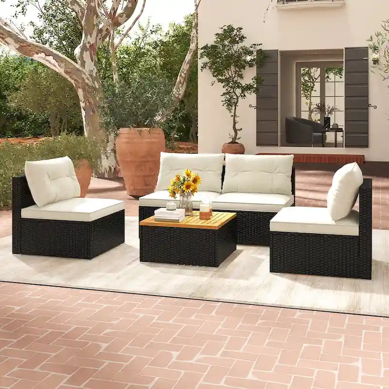 Gymax 5PCS Rattan Patio Conversation Sofa Set Outdoor Furniture Set w/