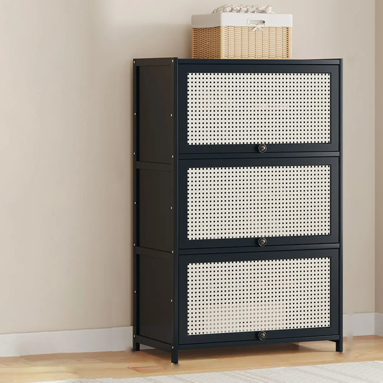Modern Black Bamboo Shoe Cabinet with Rattan Panels