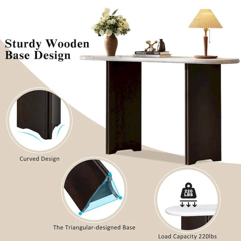Oval Faux Marble Top Console Table Entryway Table, Narrow Sofa Table Hallway Accent Table with Triangular Base