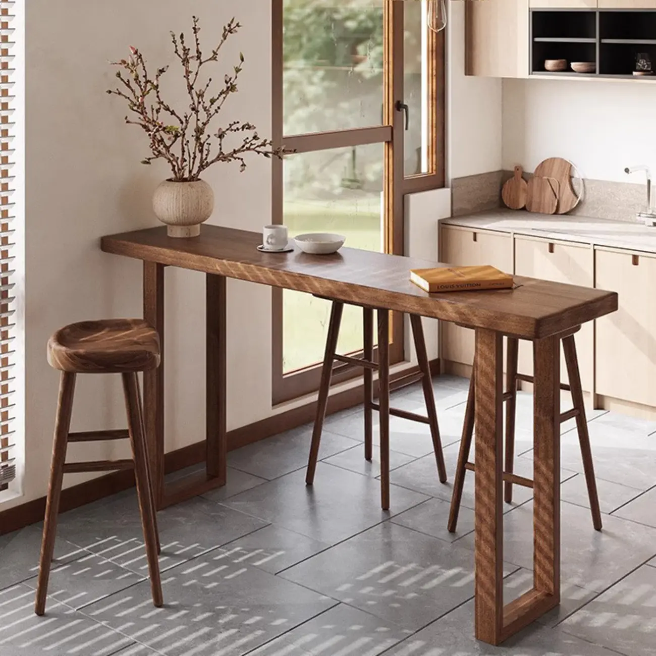 Wooden Backless Bar Set with Footrests & Sled Base