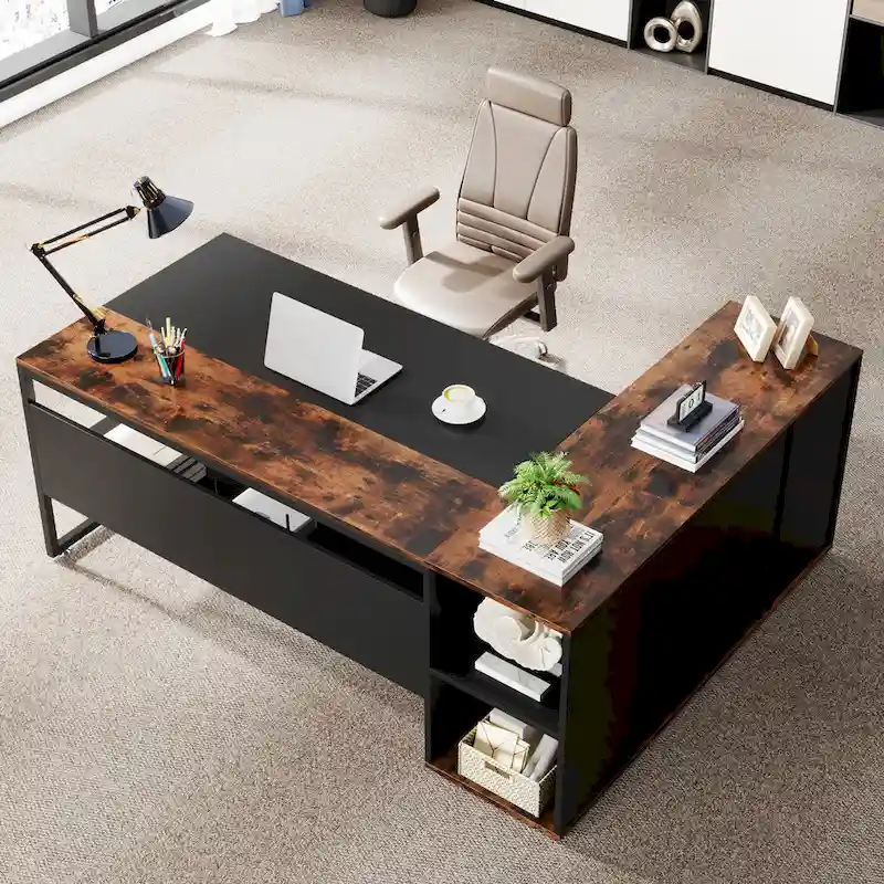 71 inch L Shaped Executive Desk with Cabinet