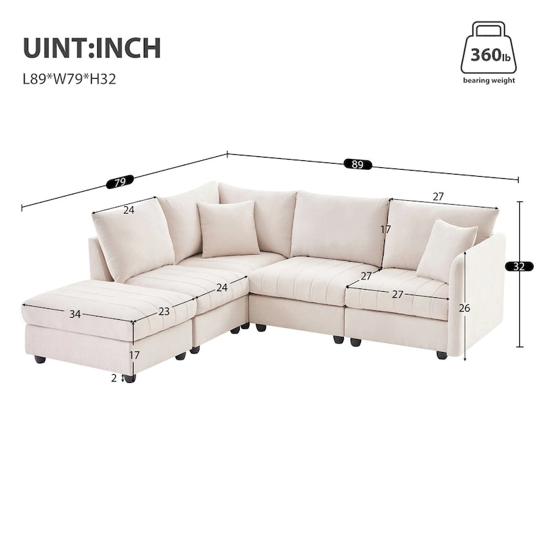 Modern 5-Seat L-Shape Sectional Sofa with Vertical Stripes, 2 Pillows, Convertible Ottoman