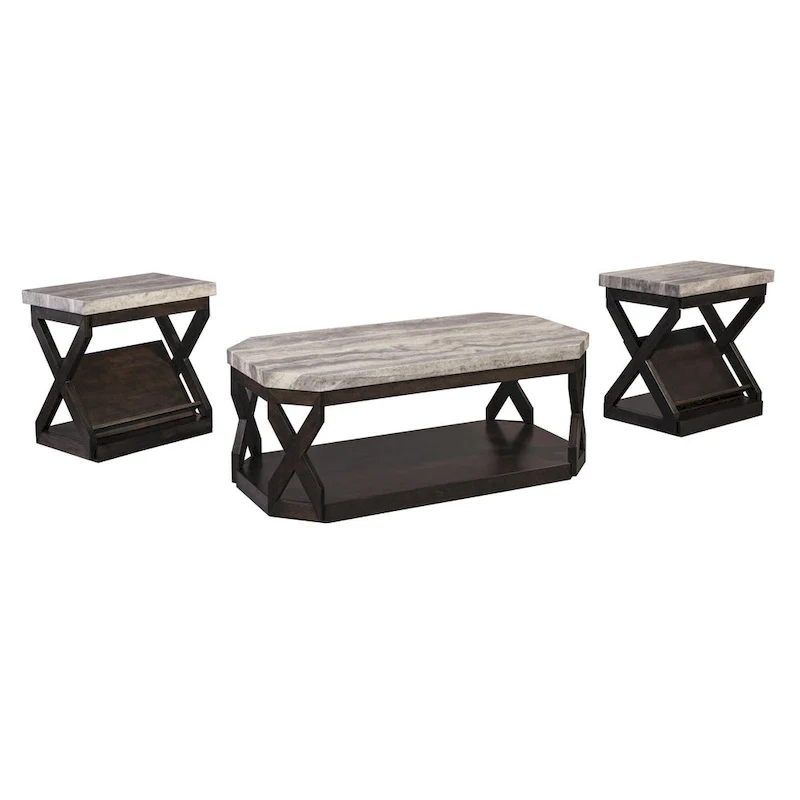 Faux Marble Table Set with 1 Coffee Table and 2 End Tables, Gray and Brown