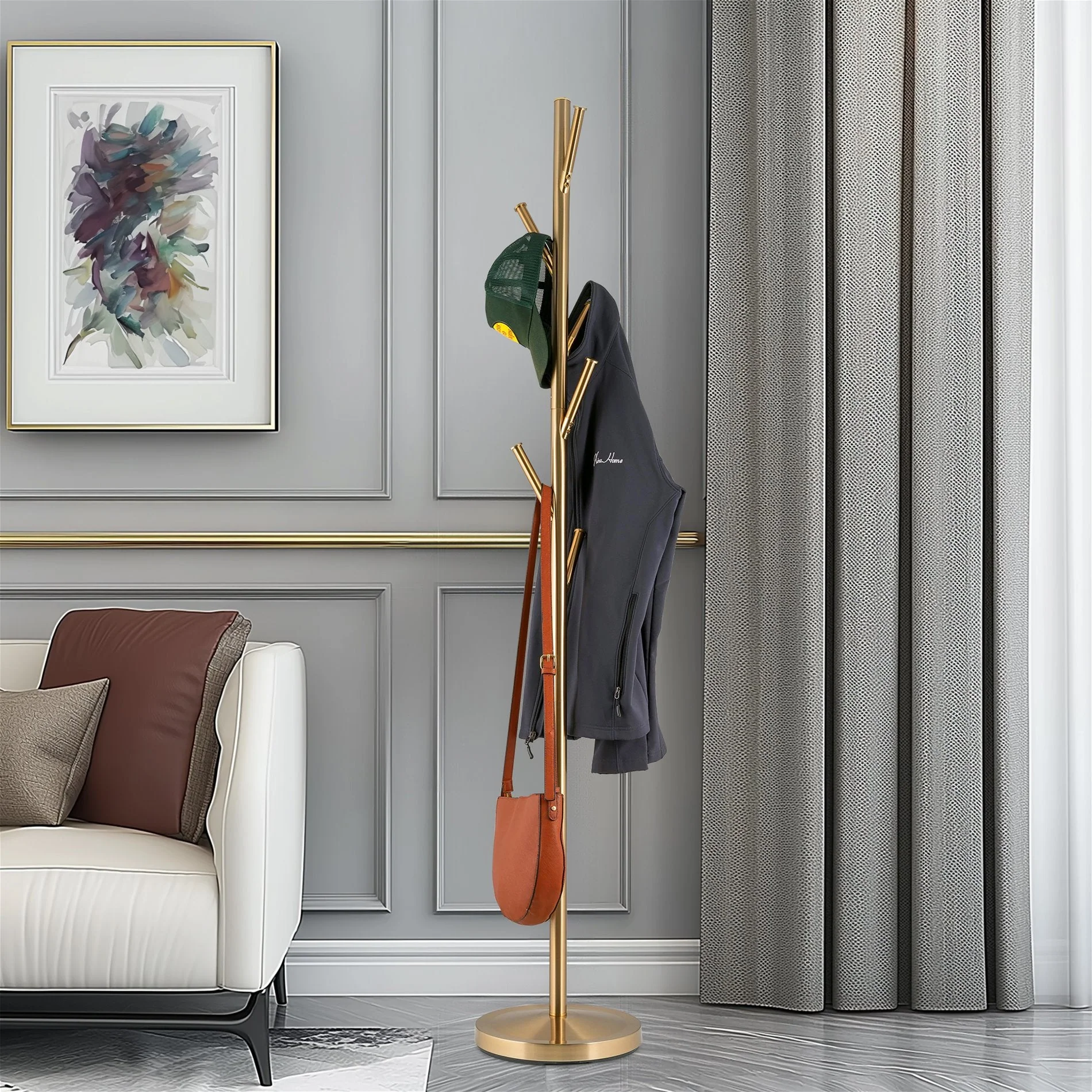 Addison 68 Modern 6 Hook Free Standing Metal Coat Rack, Cool Brass