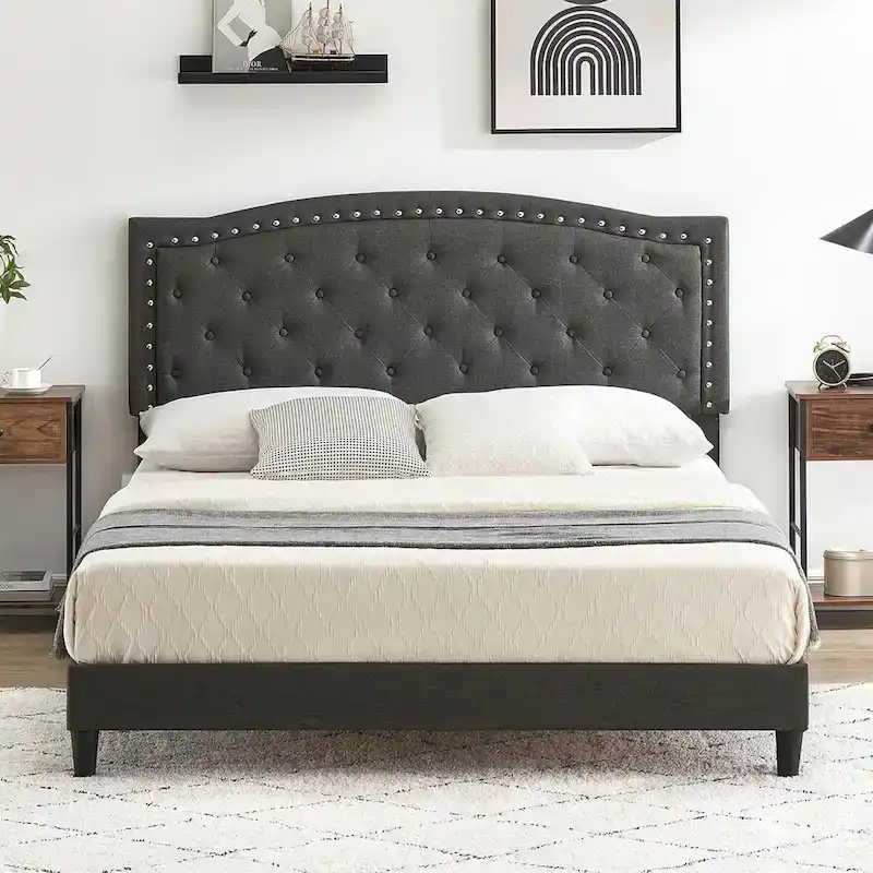 Bed Frame Upholstered Platform Bed with Adjustable Button Tufted & Nailhead Trim Headboard