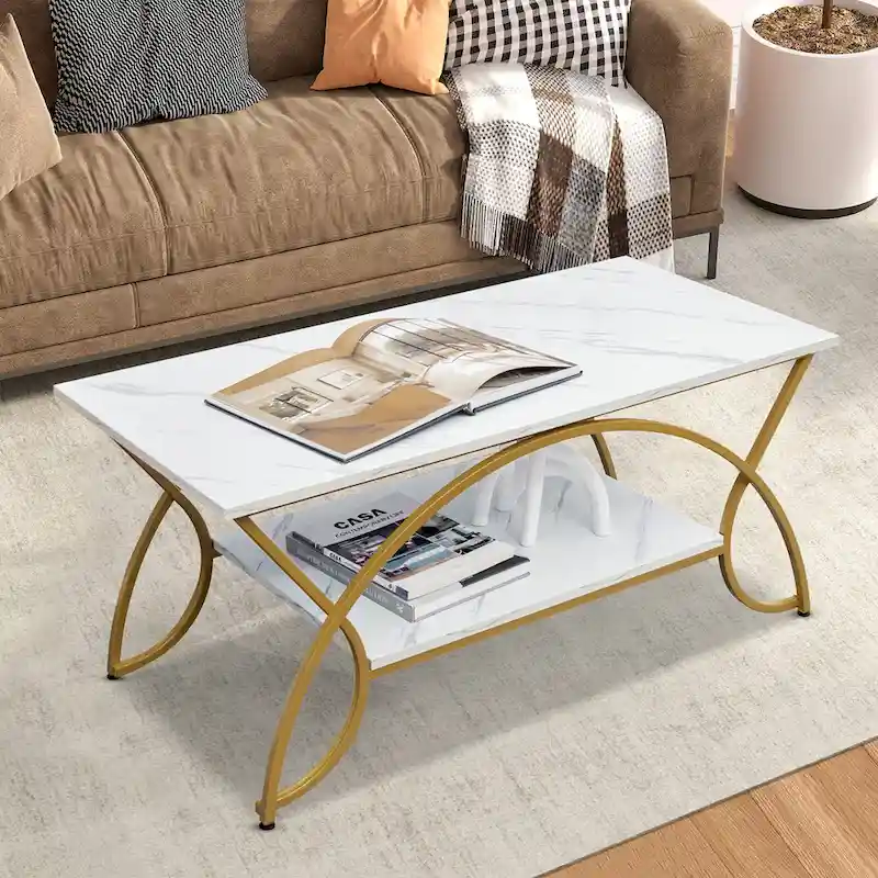 2 Tier Coffee Table Modern Faux Marble Accent Table Cocktail End Table