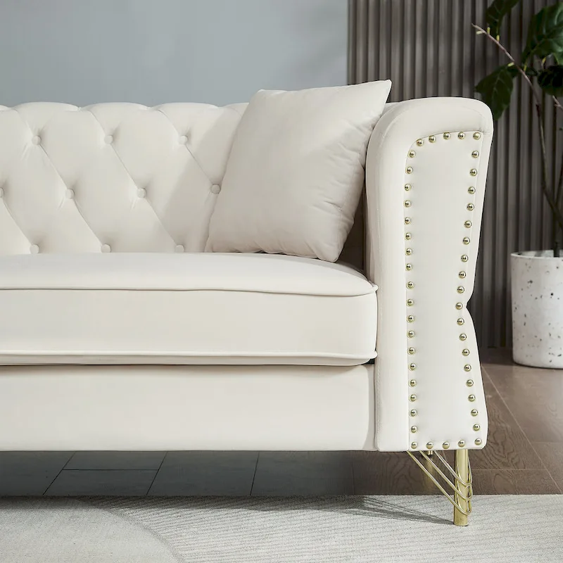 Beige 60.2  Velvet 2 Seater Sofa Couch with Metal Feet, 2 Pillows, Nailhead Trim, Solid Wood Frame and Foam Padding