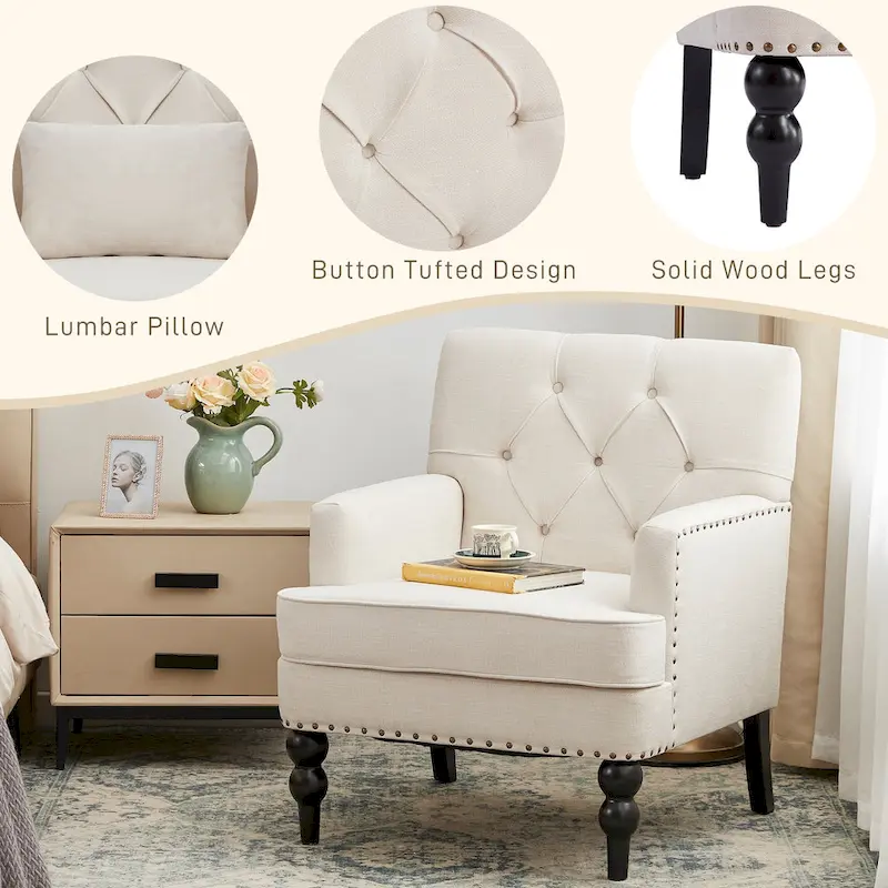 Set of 2 Arm Chair Upholstered Button Tufted Accent Chair with Lumbar Pillow Beige/ Grey/ Light Blue