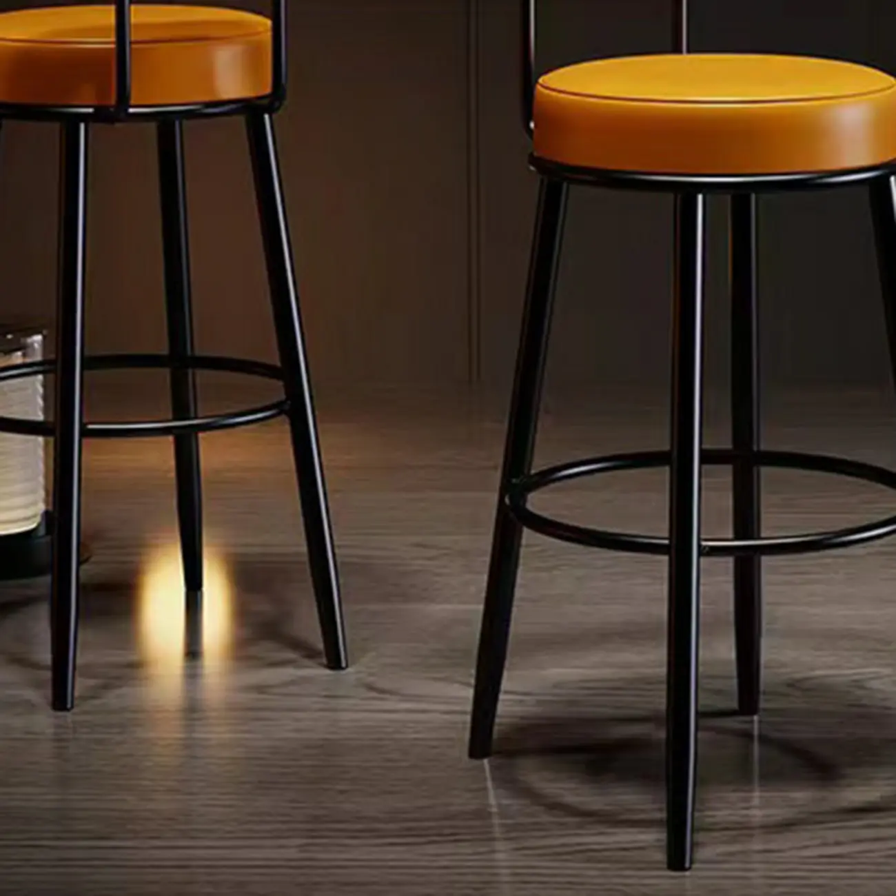 Modern Round Iron Open-Back Upholstered Bar Stool