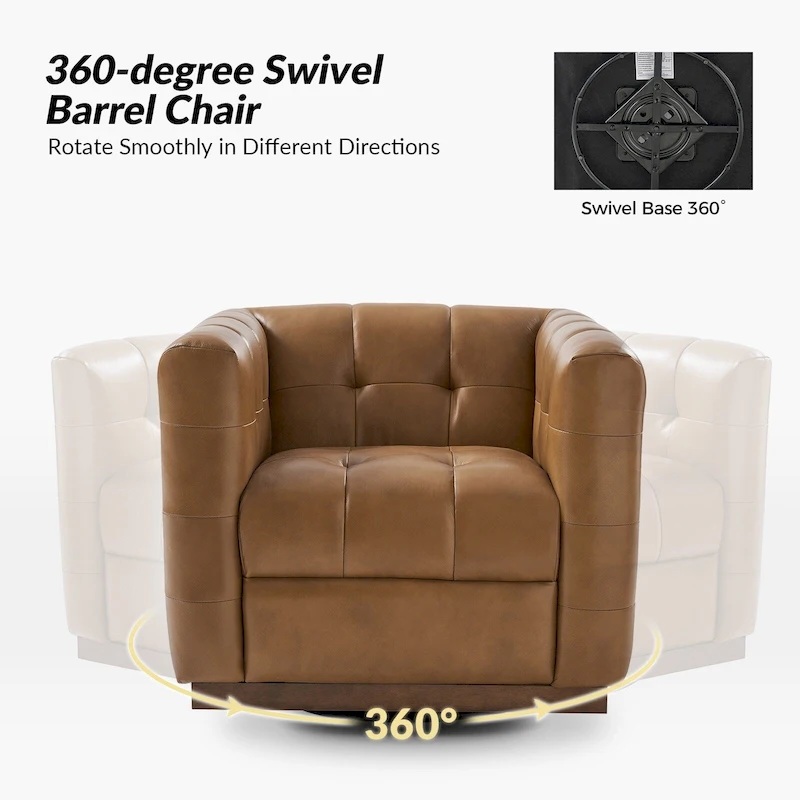 JeremiasMid-certury Modern GenuineLeatherTufted SwivelClubChair with Wooden Apron by HULALA HOME