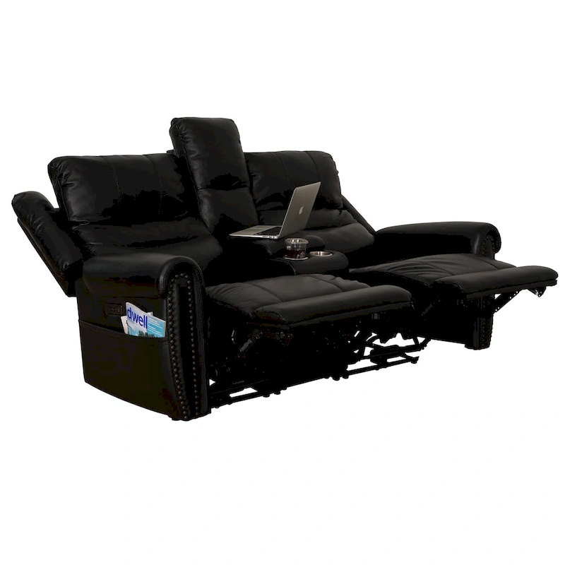 Genuine Leather Black Power Recliner Sofa, Loveseat, Recliner With Adjustable Headrest and Extendable Footrest