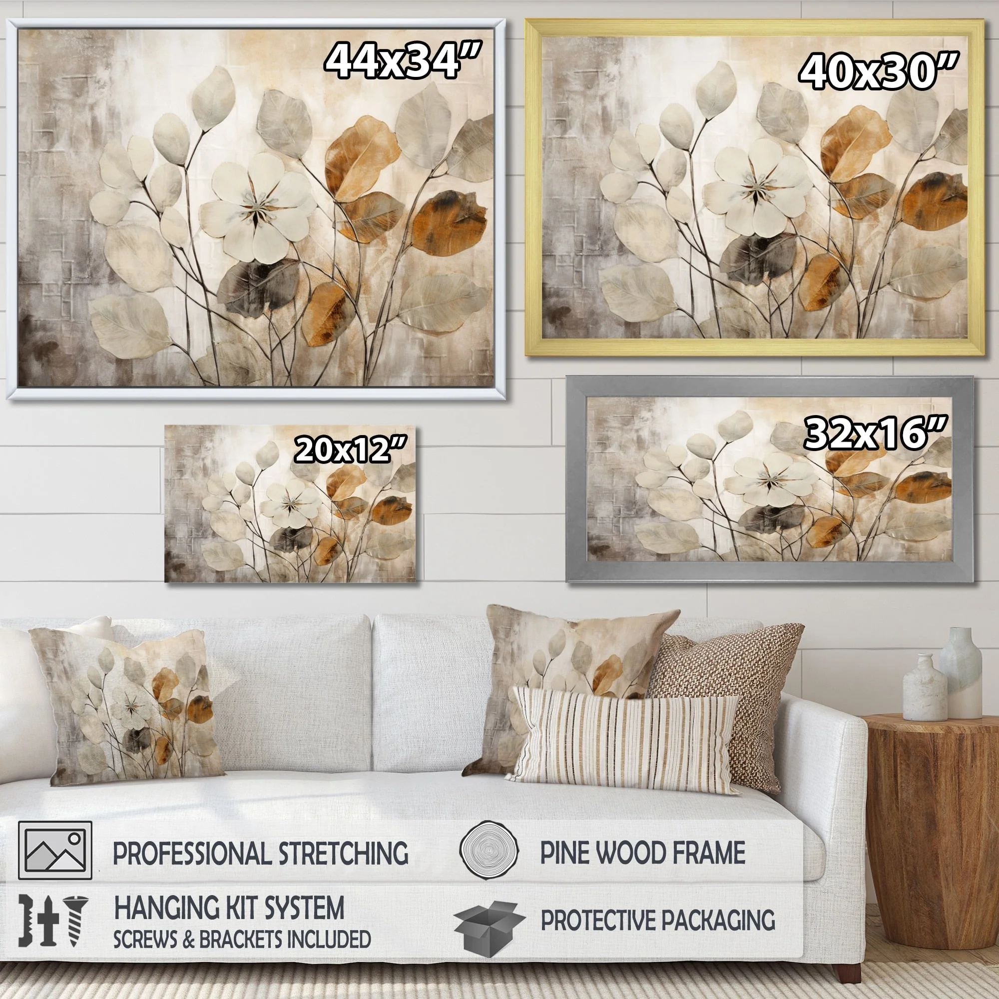 Designart Beige Botanical Impressions III Abstract Botanicals Framed Canvas Art Print