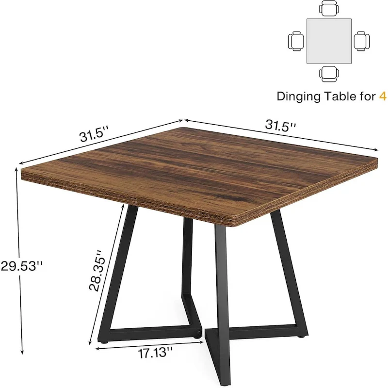 31.5 Inches Industrial Square Dinner Table with Metal Base