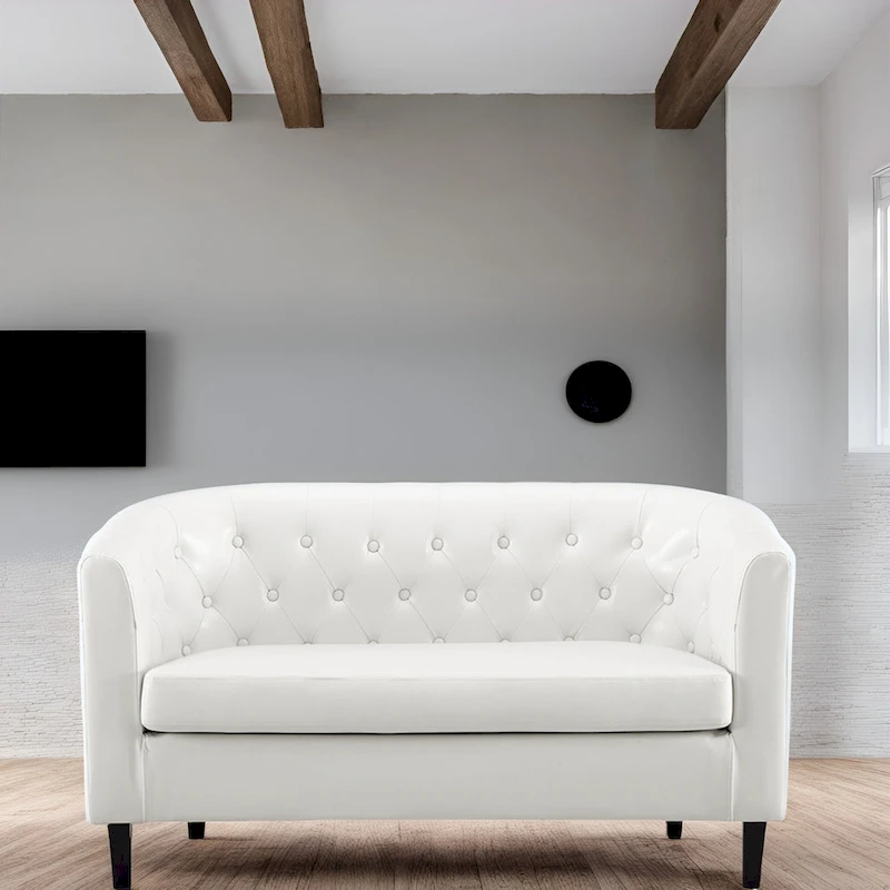 Midcentury Modern Button Tufted Faux Leather Barrel Loveseat - Comfy Tub Loveseat Sofa