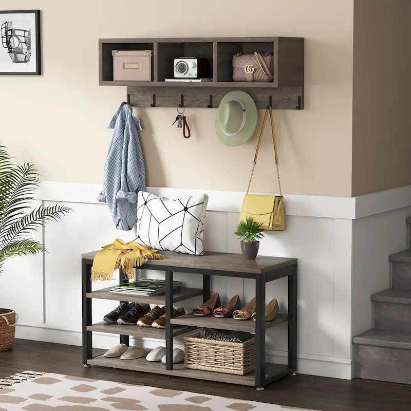 Entryway Coat Rack Shoe Bench Set, Industrial Hall Tree Coat Shoe Rack