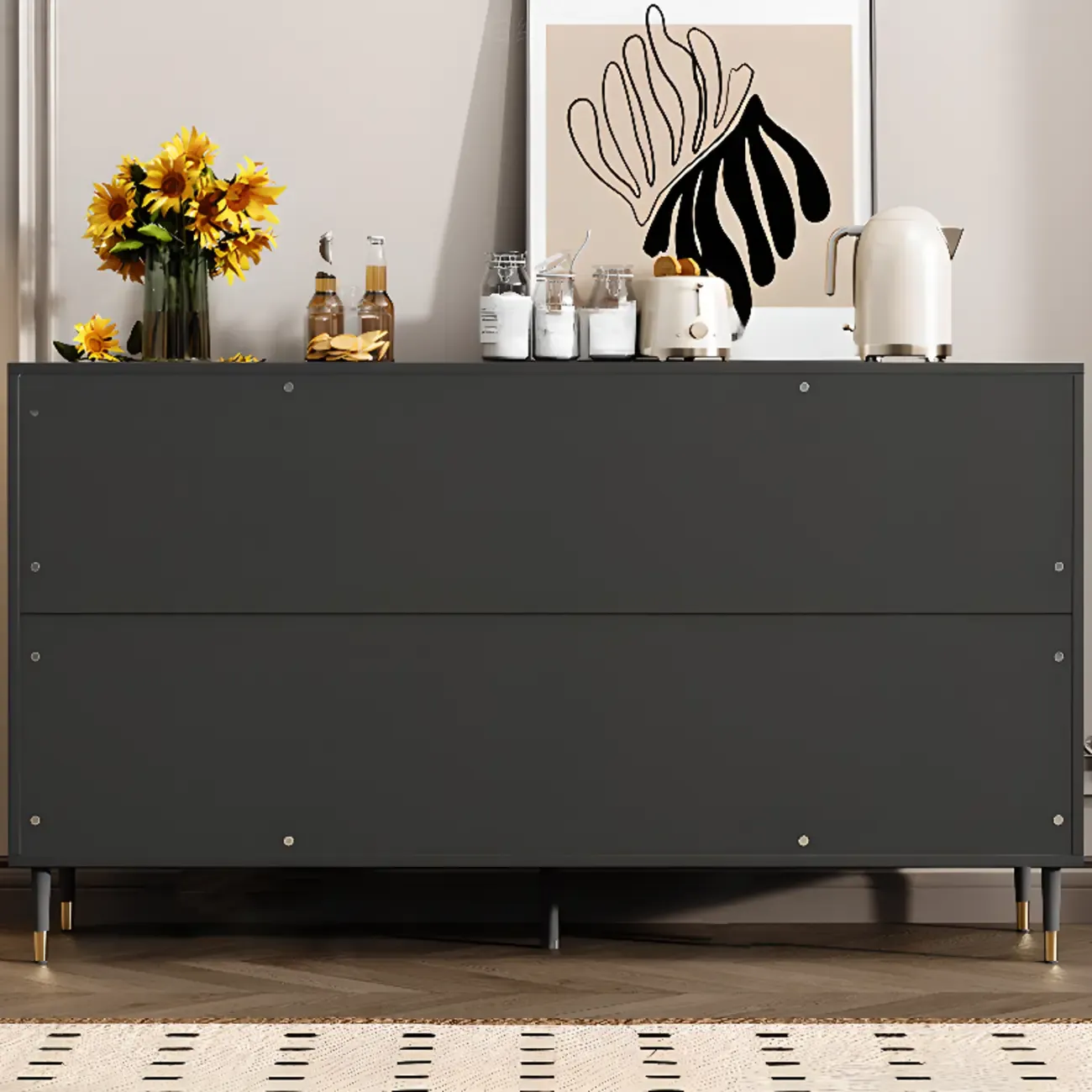 Traditional 3-Layer Rattan Wooden Black Sideboard Cabinet