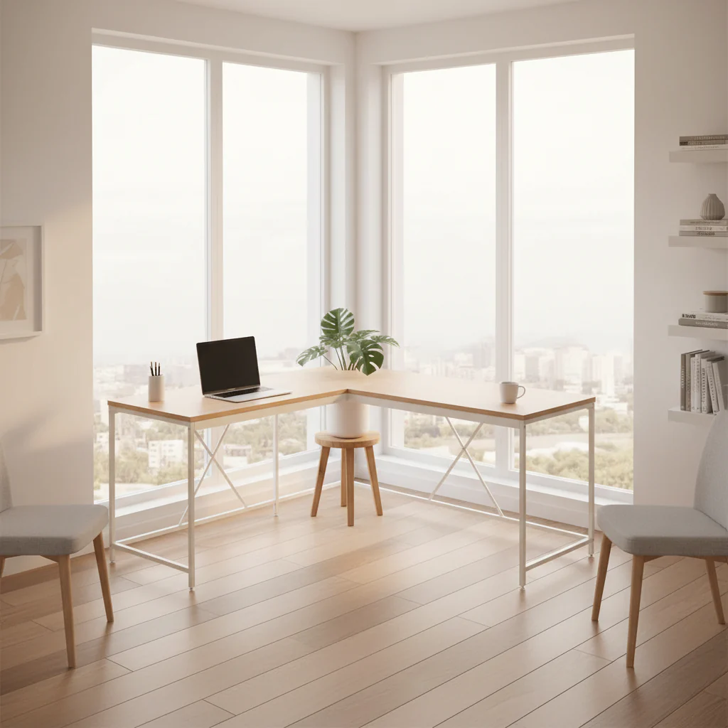 Corner Desk, L Shaped White Metal Frame, X Crossed, Oak Brown Wood Top