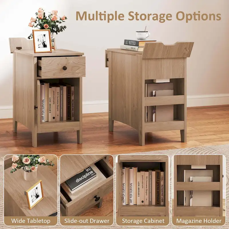 Costway 1/2 PCS End Table with Charging Station Flip Top Bedside Table