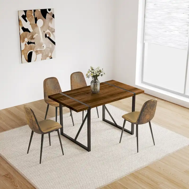 Wood Colour Dining Table and Modern Dining Chairs, Mid Century Wooden Kitchen Table, Metal Base & Legs