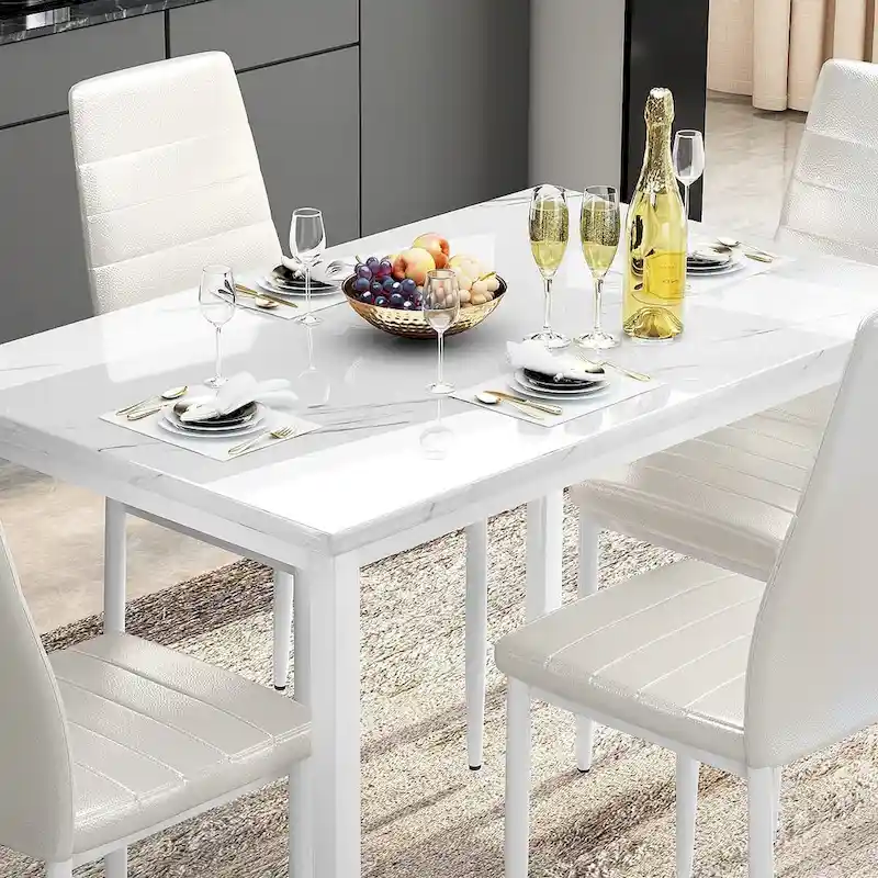 Modern 5-Piece Kitchen Dining Set, Counter Height Dinette Set with Marble Look Top and 4 Upholstered PU Leather Chairs