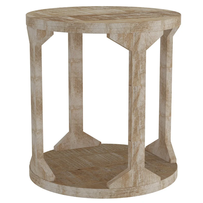 Two Tier Handmade Round End Table - 22 - Beige