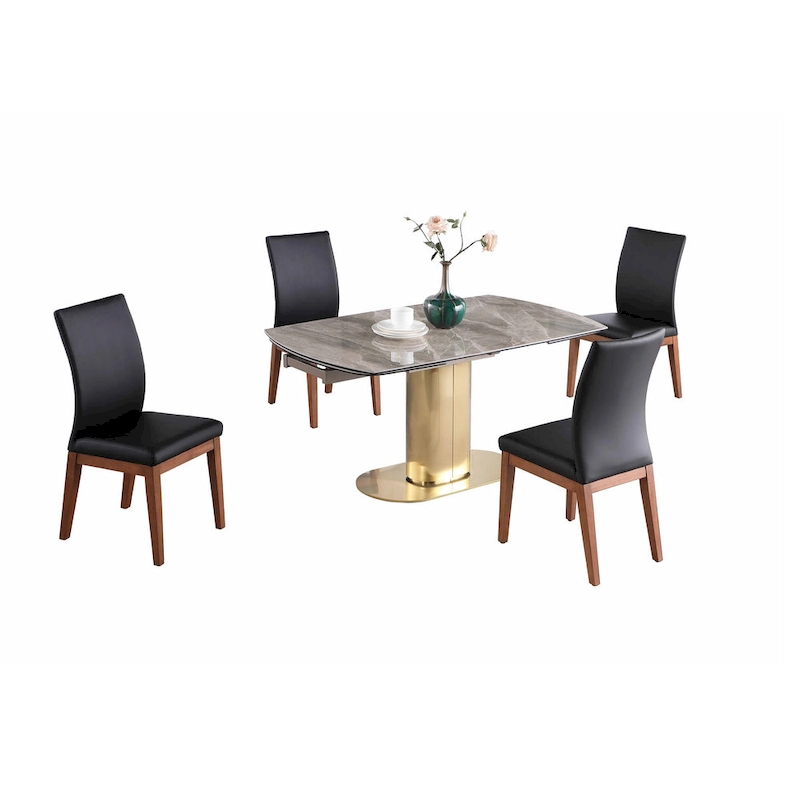 Somette Karlita Marbleized Sintered Stone Dining Set with Black Side Chairs