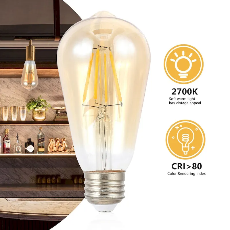 Industrial Non-Dimmable ST58-4W LED Edison Glass Bulbs with E26 Base, Warm White 2700K, Tinted Amber (Pack of 4) by JONATHAN Y