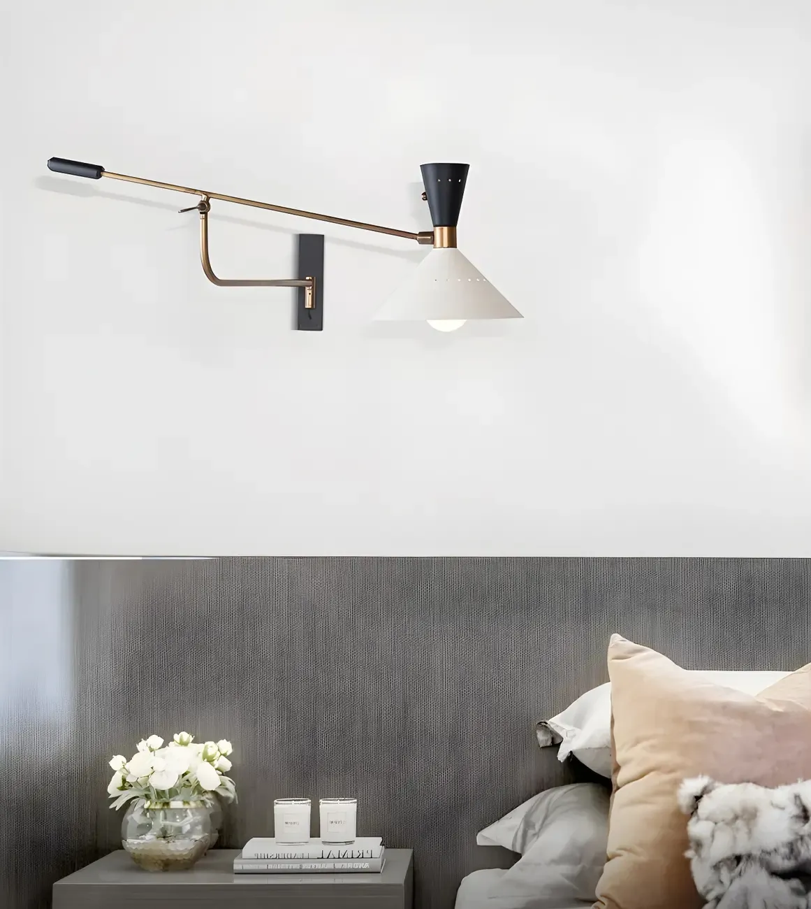 Modern Brass White Conical Arm Swing Wall Light