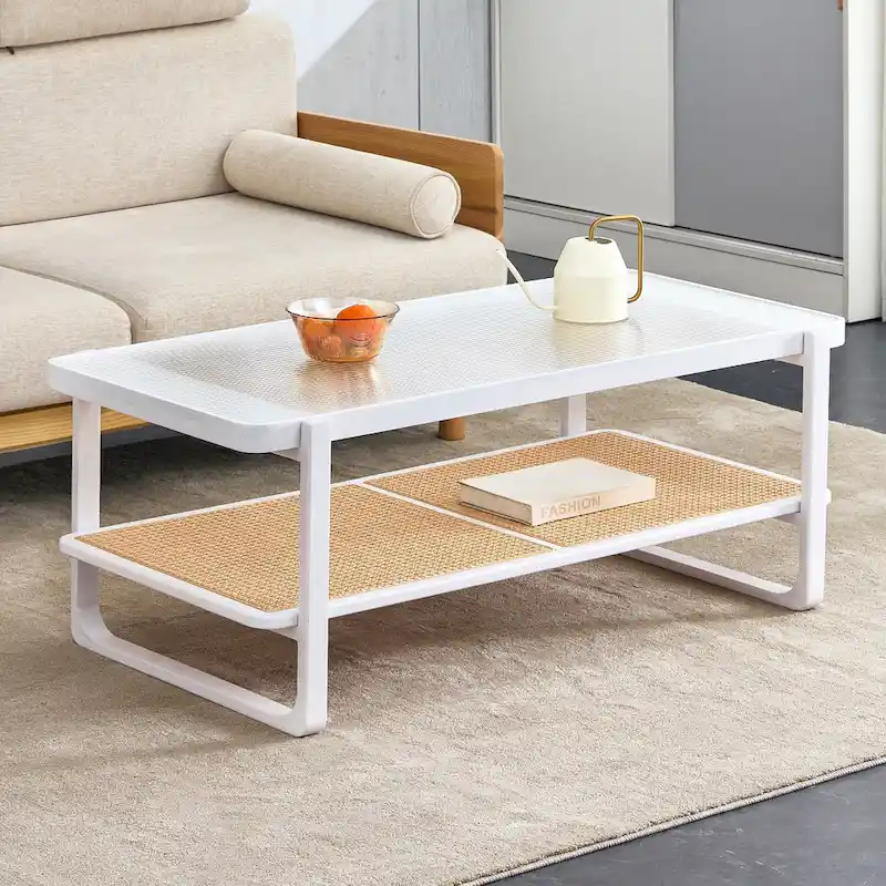 White Double-Layer Coffee Table, Glass Tabletop Imitation Rattan Side Table, Rectangular Solid Wood Table for Living Room