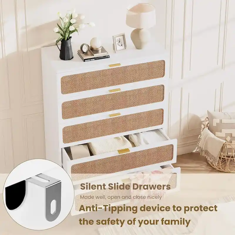 Rattan 5 Drawer Dressers for Bedroom, Hallway