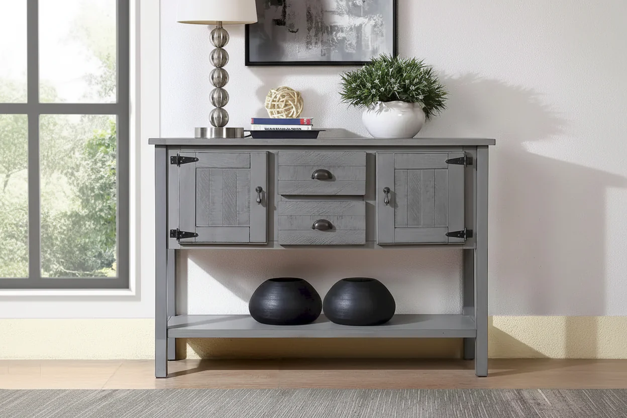 Console Table with 2 Drawers and Cabinets and Bottom Shelf, Retro Style Storage Dining Buffet Server Cabinet(Antique Gray)
