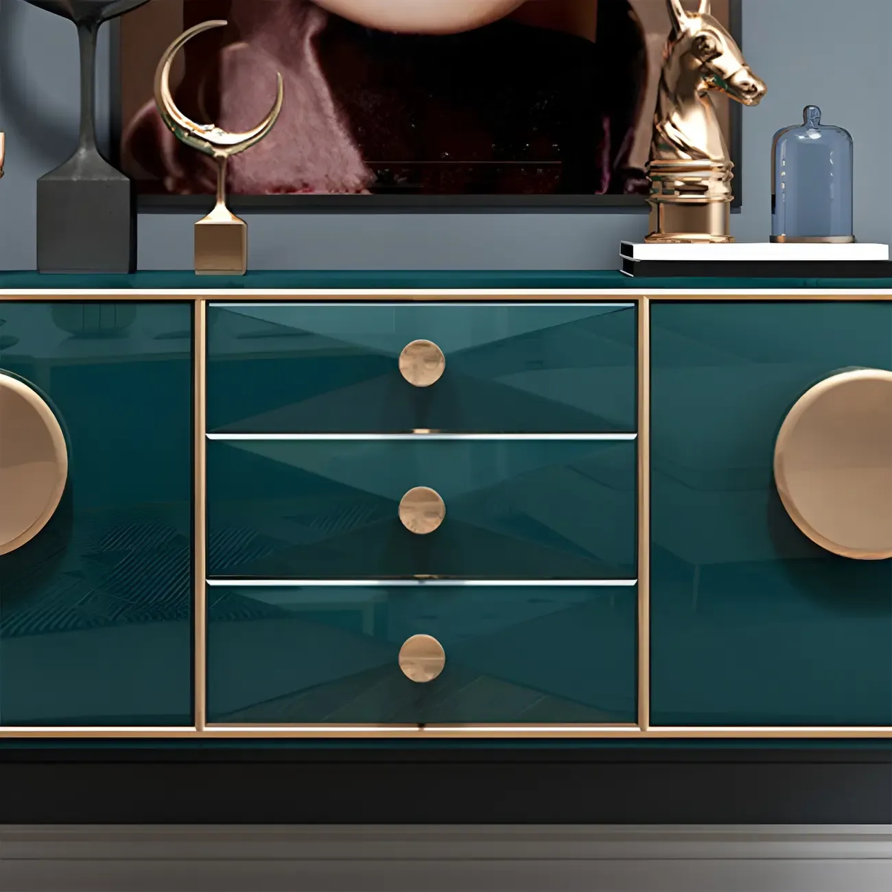 Modern Glossy Wooden Buffet Table with Drawers & Cabinets