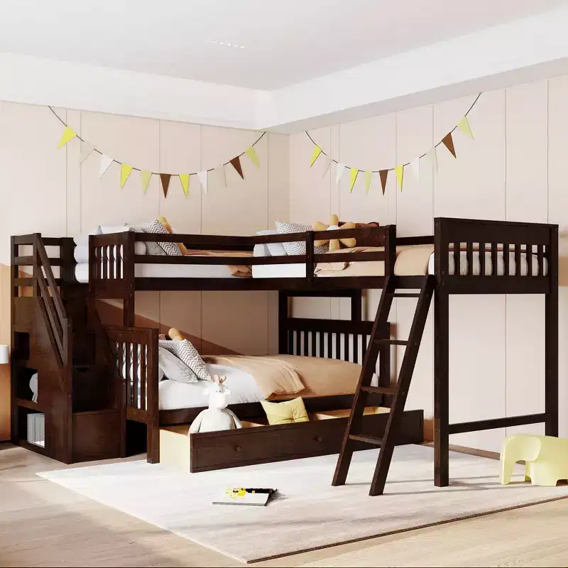 Stylish Design Twin over Full L-Shaped Bunk Bed With 3 Drawers, Ladder and Staircase