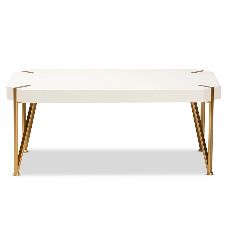 Kassa Glam Brushed Gold Metal and White Finished Wood Coffee Table