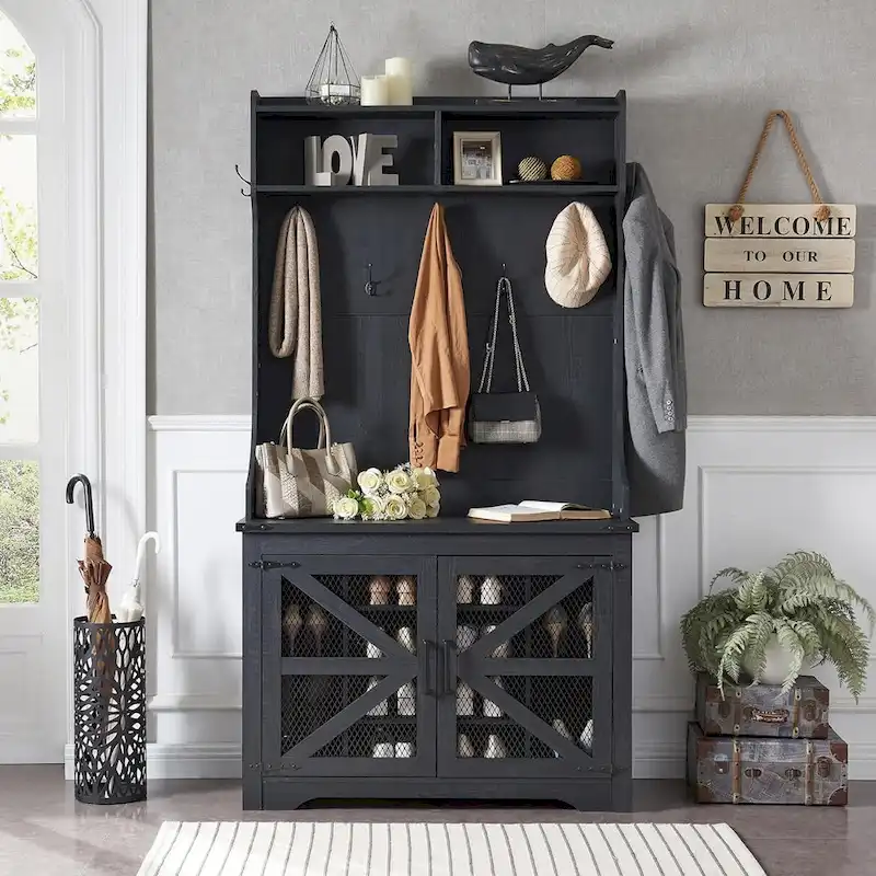 42  Wide Farmhouse Entryway Bench with Coat Rack, Mudroom Cabinet